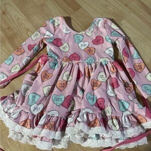 Pink Heart Print Dress with Lace Trim